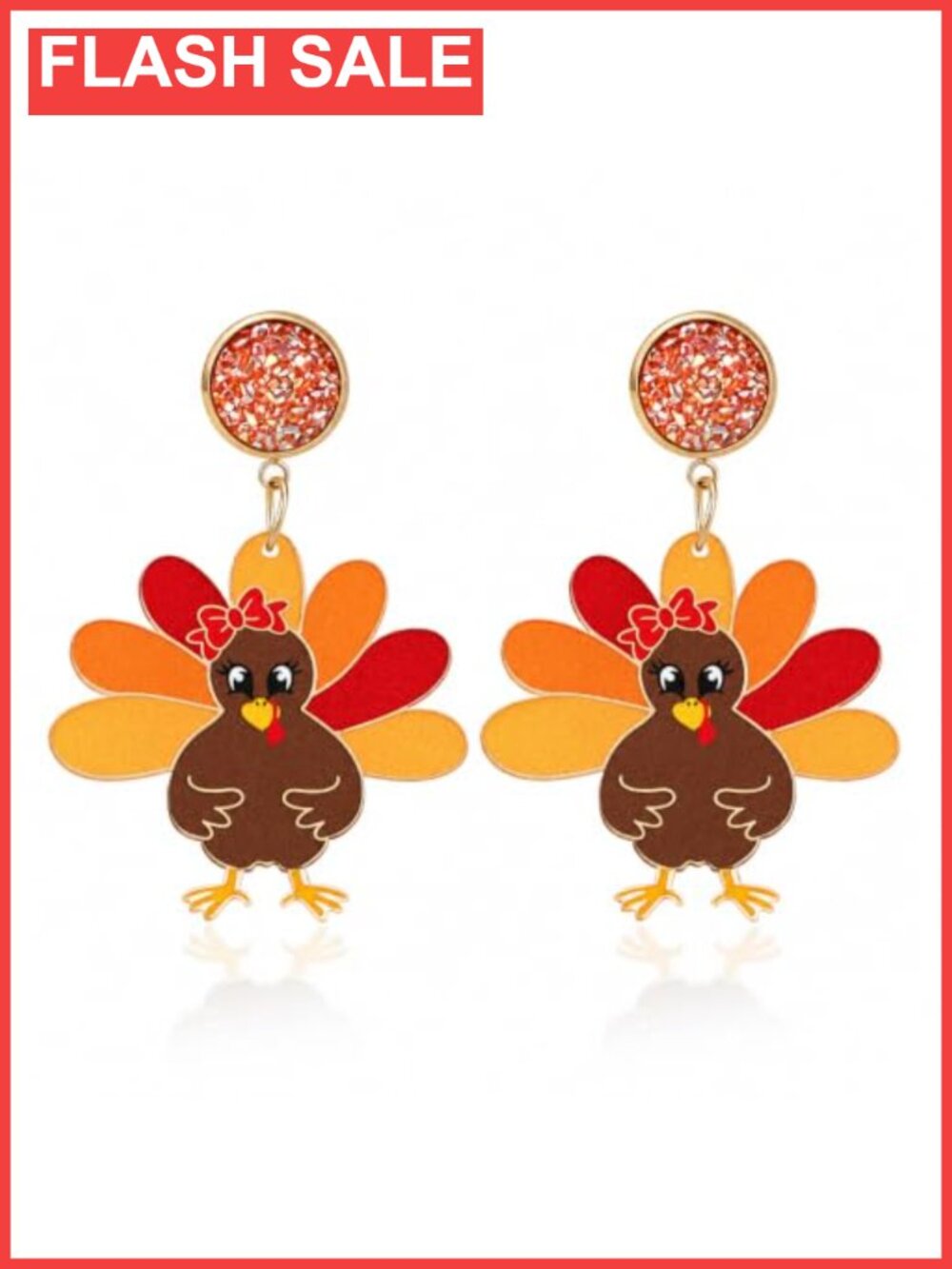 Thanksgiving Turkey Dangle Earrings Acrylic 4" Lightweight Push Back Holiday